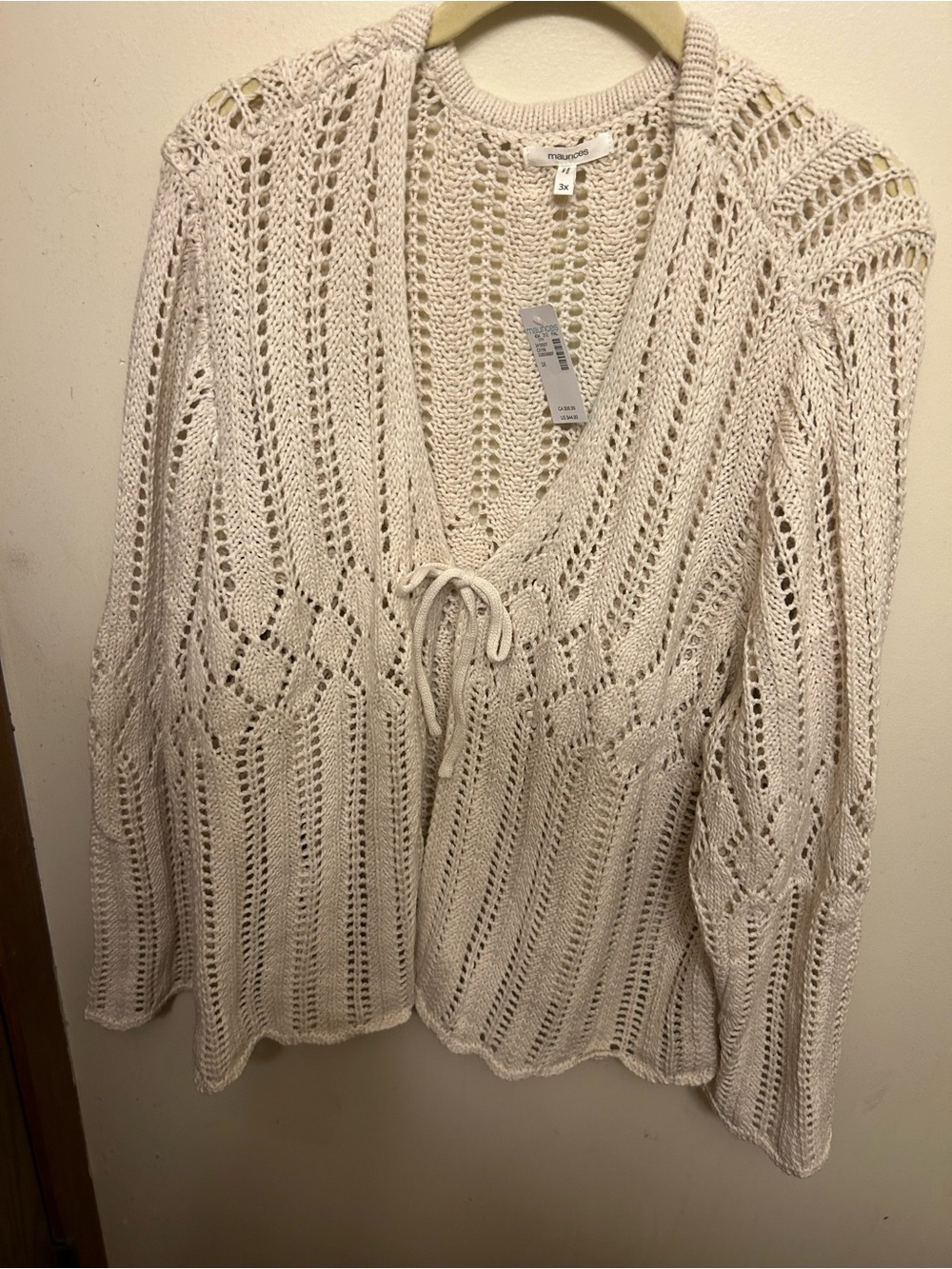 Maurices Cream Open-Knit V-Neck Tie-Front Cardigan